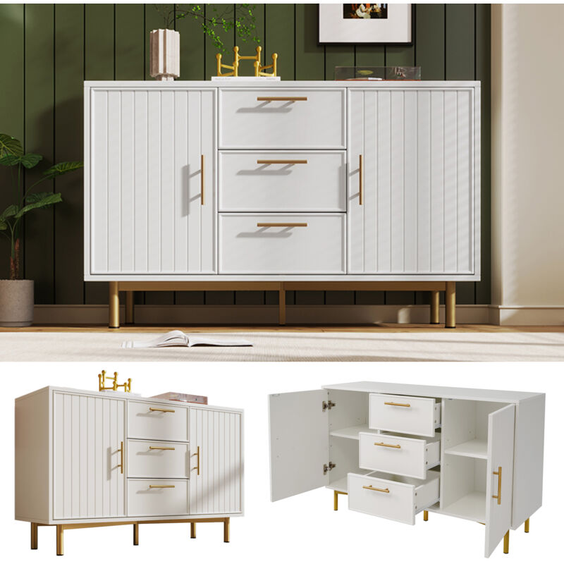 Kommode mit 2 Türen und 3 Schubladen, weiße Tür, Kommode mit Schublade, verstellbares Regal, für Wohnzimmer, Schlafzimmer, weiß-H75/L120/T40 cm