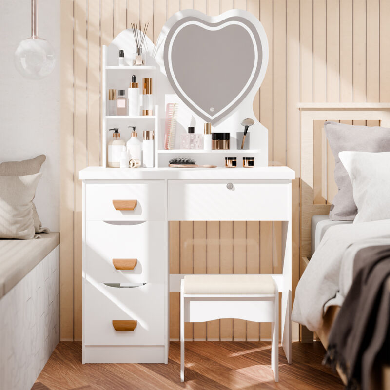 Schminktisch - mit Hocker und LED-Beleuchtung, herzförmigem LED-Lichtspiegel (Helligkeit einstellbar), 4 Schubladen, 2 Ablagen, 80×36×129 cm.