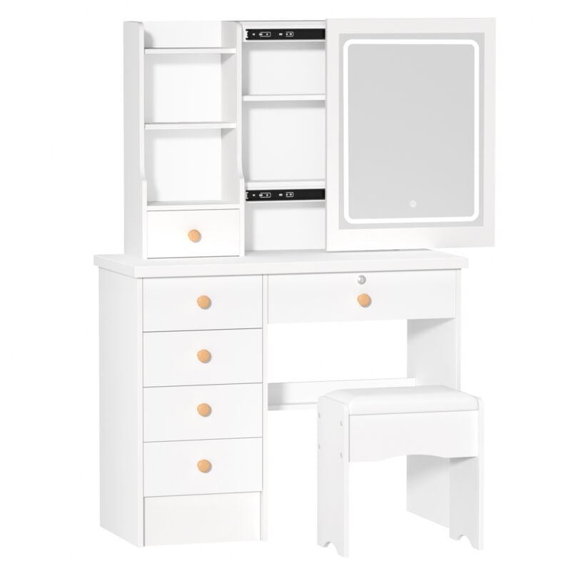Schminktisch mit Hocker, Schlafzimmer-Schminktisch, Kosmetikablage, 6 Schubladen, 3 Ablagen, versteckter Stauraum hinter dem Spiegel.