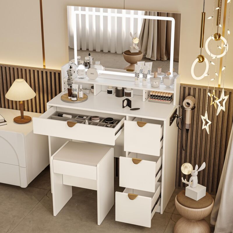 Schminktisch mit Hocker – Schminktisch mit 4 Schubladen und integriertem LED-Spiegel, großer Stauraum, modernes Design, 90x40x140 cm, Weiß