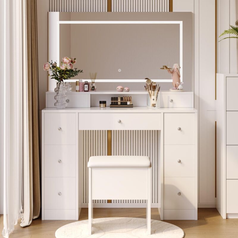 Schminktisch mit Hocker und LED-Spiegel mit 3 Farben – Schminktisch mit Schubladen – 110 x 40 x 150 cm – MDF – Weiß