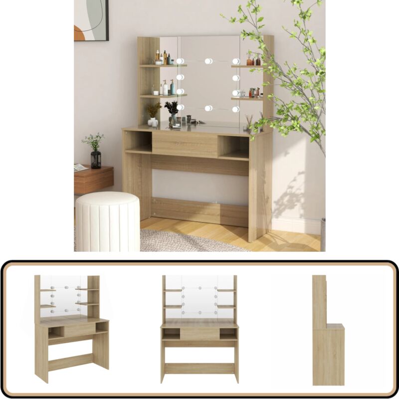 Schminktisch mit LED-Beleuchtung 100x40x135 cm MDF Eiche-Optik - Schminktisch - LED Beleuchtung - Kosmetiktisch - Makeuptisch - Badezimmermöbel
