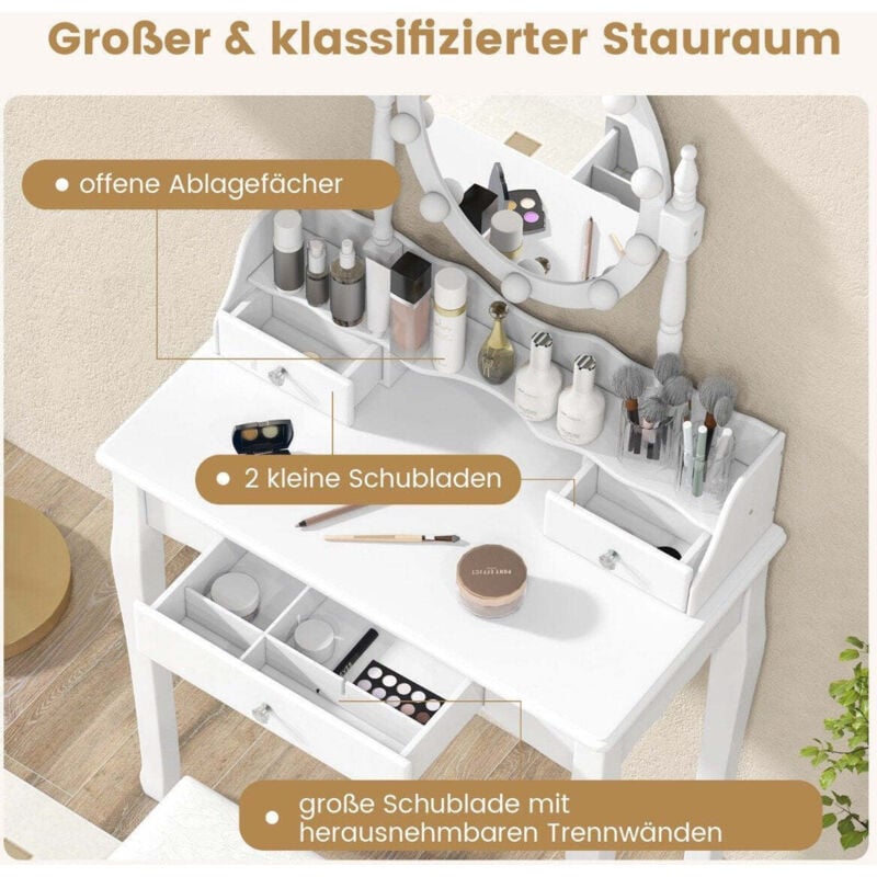 Northix - Schminktisch mit led beleuchtung einstellbare helligkeit frisiertisch mit 3 schubladen wei