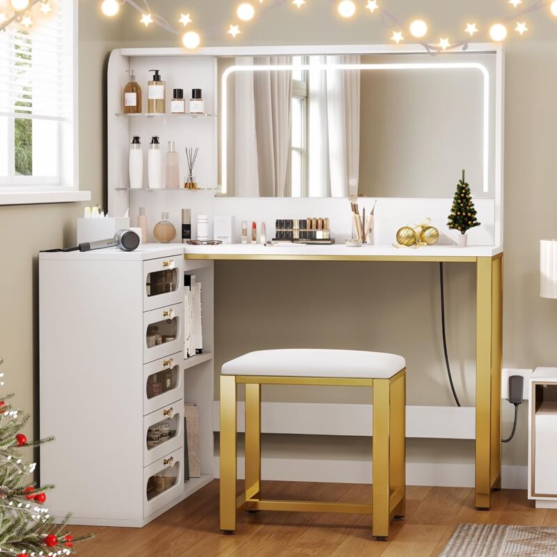 Schminktisch mit rechteckigem Spiegel, gepolsterter Hocker, LED-Beleuchtung, 5 Schubladen, 2 Regale, Holzkommode, moderner Stil - Weiß