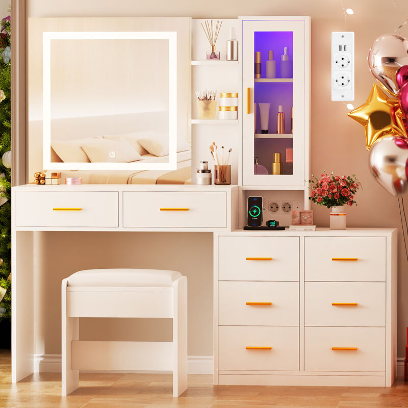 Schminktisch mit Spiegel und Hocker, 2 Steckdosen und USB-Anschluss, verstellbarer LED-Beleuchtung, 8 Schubladen, 1 Tür, weiß