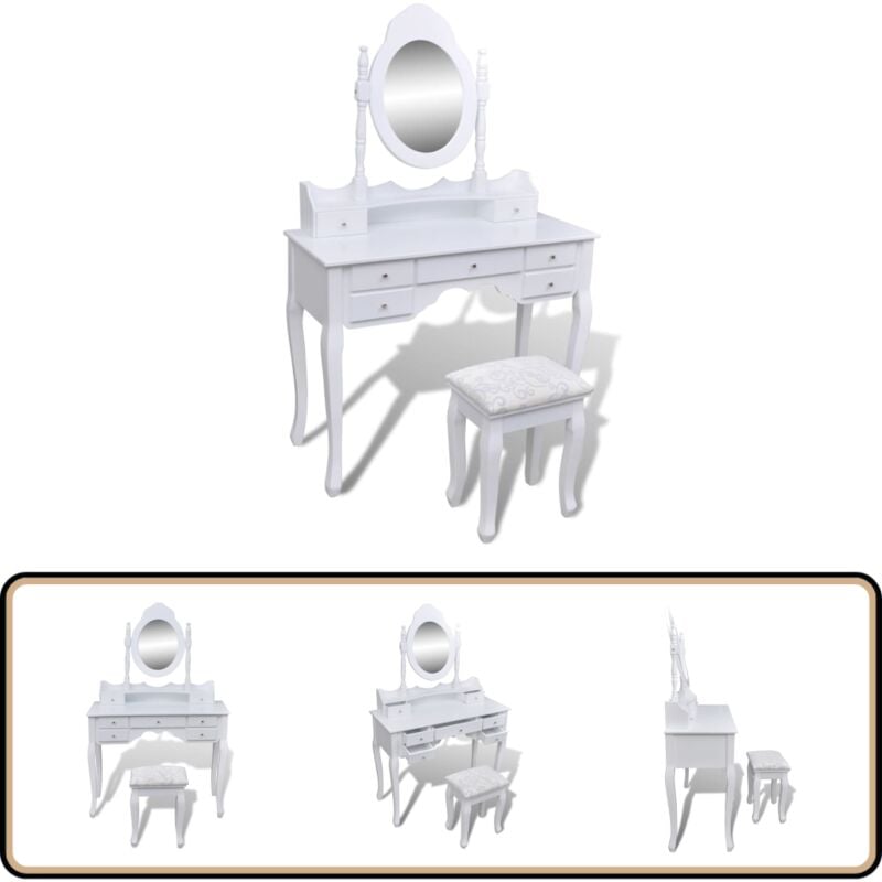 Schminktisch mit Spiegel und Hocker 7 Schubladen Weiß - Schminktisch - Frisiertisch - Make Up Tisch - Vanity Table - Spiegelschrank