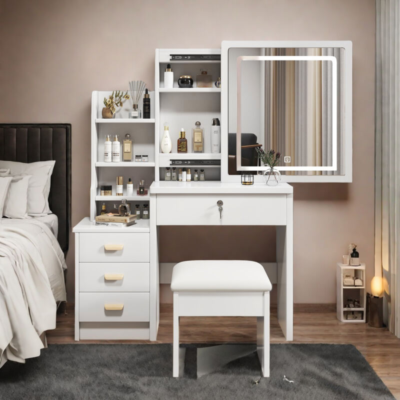 Schminktisch mit Spiegel und Hocker,dreifarbiger LED-Beleuchtung,4 versteckten Schubladen,Stauraum,80x34x130cm,moderner Schminktisch,3 Ablagen,weiß