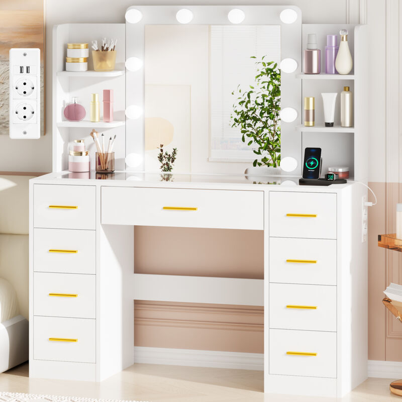 Schminktisch mit Spiegel und Ladestation, LED-Beleuchtung, 9 Schubladen, 105 x 40 x 140 cm, weiß