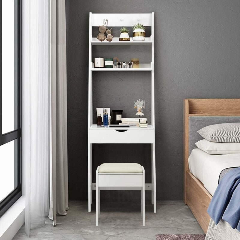 GOPLUS Schminktisch Schminkregal mit Hocker, Schminktisch-Set mit Spiegel und 2 offenen Regalfaechern mit 3 Haken, Kosmetiktischgruppe aus Holz