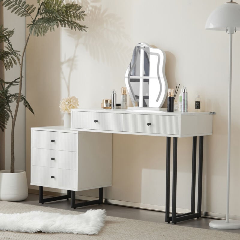 Schminktisch, Schminktisch mit Spiegel und Beleuchtung, ausziehbare Platte, 3-farbige LED-Beleuchtung, Maße: L100/H76/T40 cm (ohne Hocker)