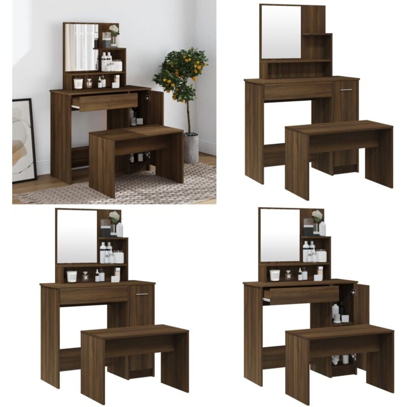Schminktisch-Set Braun Eichen-Optik 86,5x35x136 cm - Schminktisch - Kosmetiktresore - Badezimmermöbel - Makeup Tisch - Schreibtisch - Home & Living