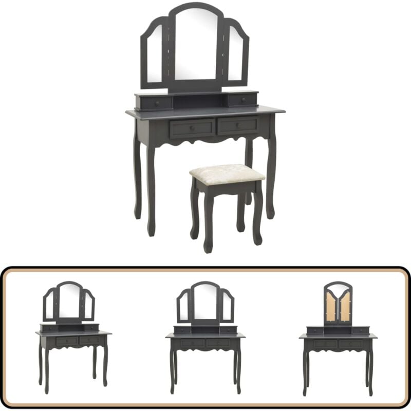Vidaxl - Schminktisch-Set mit Hocker Grau 100x40x146 cm Paulownia-Holz - Schminktisch - Kosmetiktisch - Make Up Tisch - Victoria Style - Grau