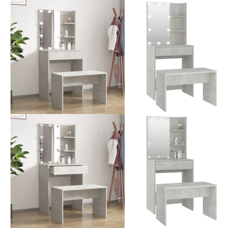 Vidaxl - Schminktisch-Set mit led Betongrau Holzwerkstoff - Schminktisch - Kosmetiktisch - Schreibtisch - Makeup Tisch - led Beleuchtung - Home &