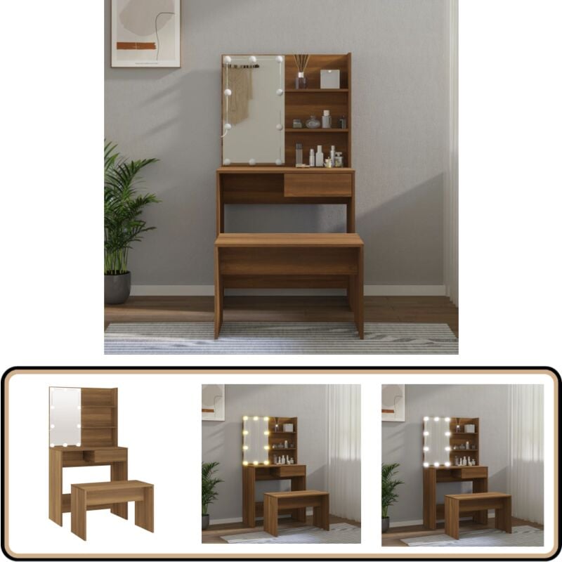 Vidaxl - Schminktisch-Set mit led Braun Eichen-Optik Holzwerkstoff - Schminktisch - Kosmetiktisch - Makeup Tisch - Vanity Set - Leder Schreibtisch