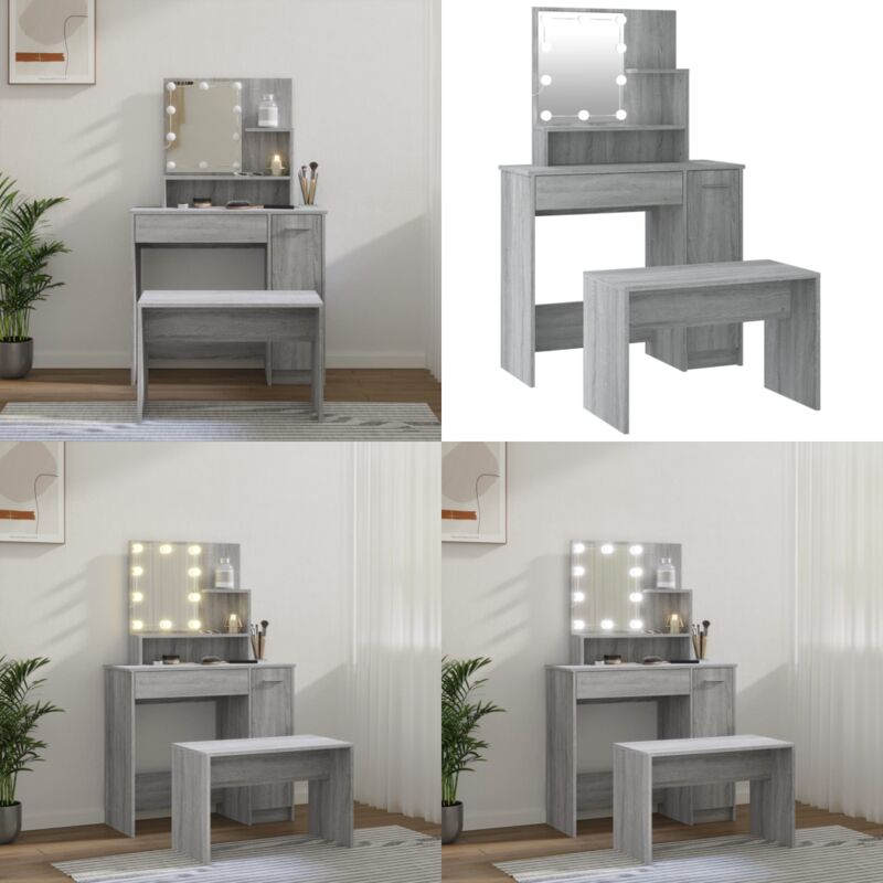 Schminktisch-Set mit LED Grau Sonoma Holzwerkstoff - Schminktisch - Kosmetiktisch - Makeup Tisch - LED Beleuchtung - Grau Sonoma - Home & Living
