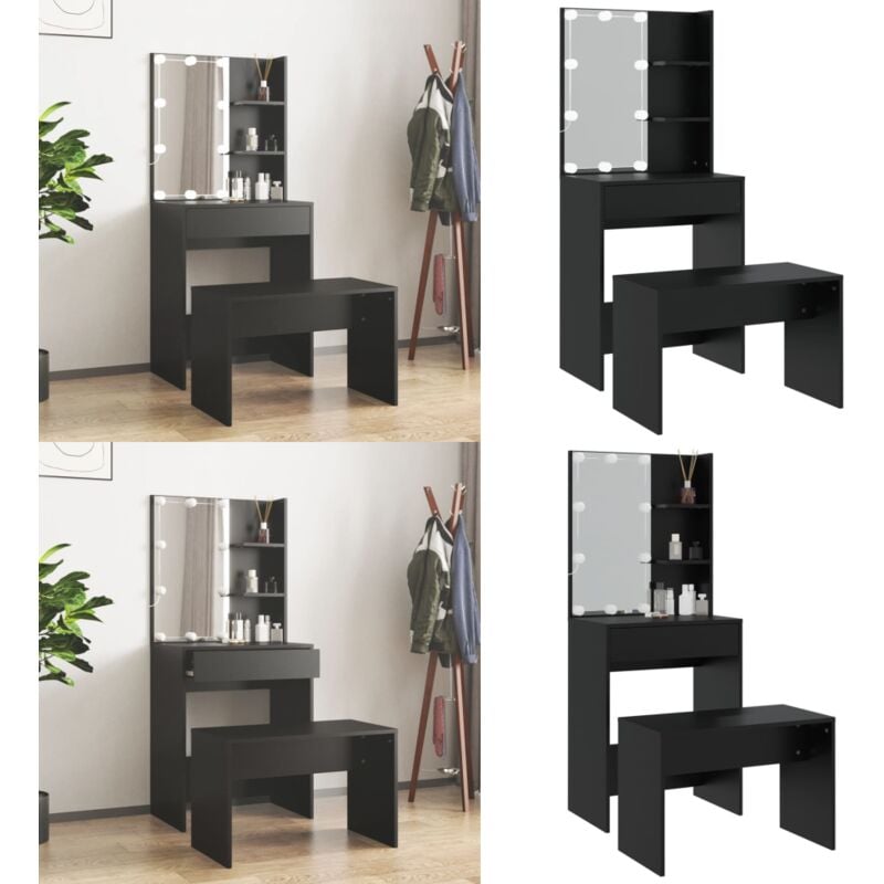 Vidaxl - Schminktisch-Set mit led Schwarz Holzwerkstoff - Schminktisch - Kosmetiktisch - Schreibtisch - led Beleuchtung - Badezimmermöbel - Home &