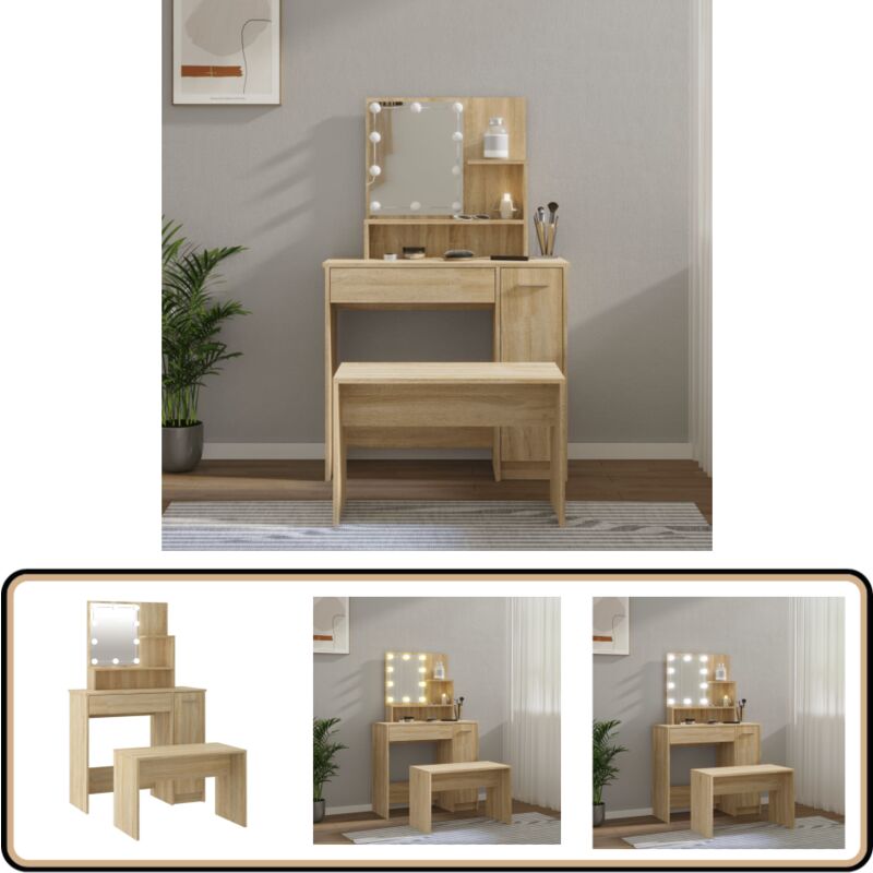 Vidaxl - Schminktisch-Set mit led Sonoma-Eiche Holzwerkstoff - Schminktisch - Kosmetiktisch - Schreibtisch - led Beleuchtung - Sonoma Eiche