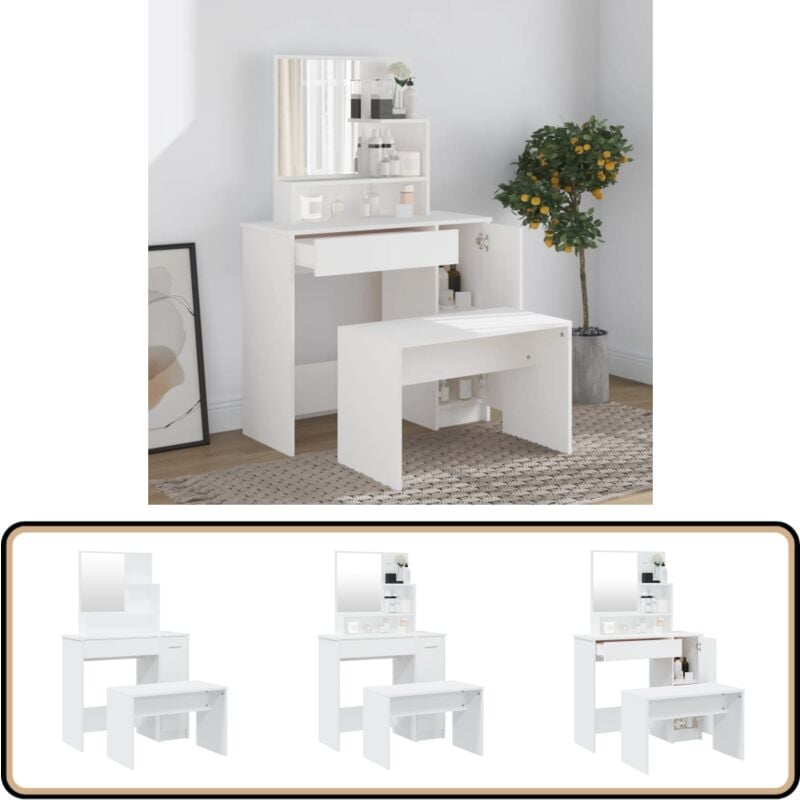 Schminktisch-Set Weiß 86,5x35x136 cm - Schminktisch - Kosmetikschrank - Makeup Tisch - Weißer Schminktisch - Badezimmermöbel