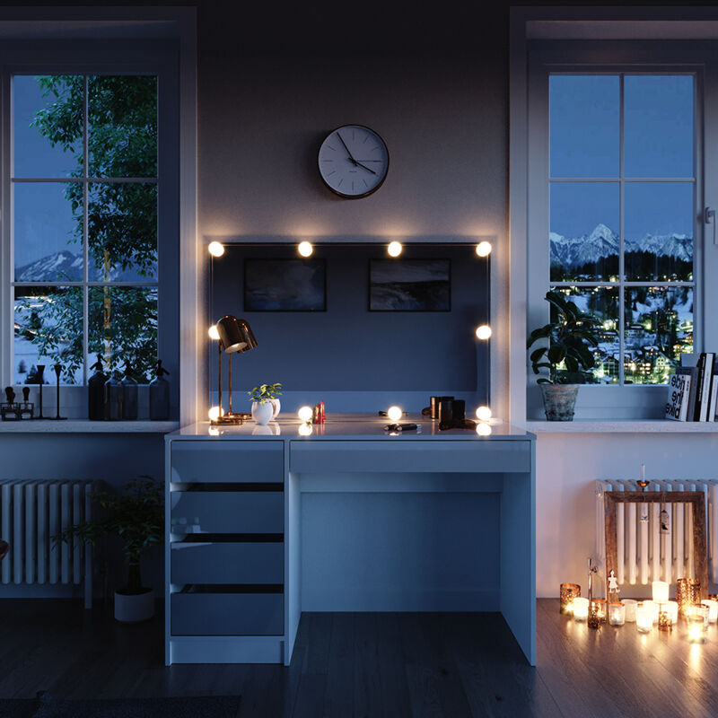 Vicco - Schminktisch Sherry, Weiß, 120 cm mit led Beleuchtung