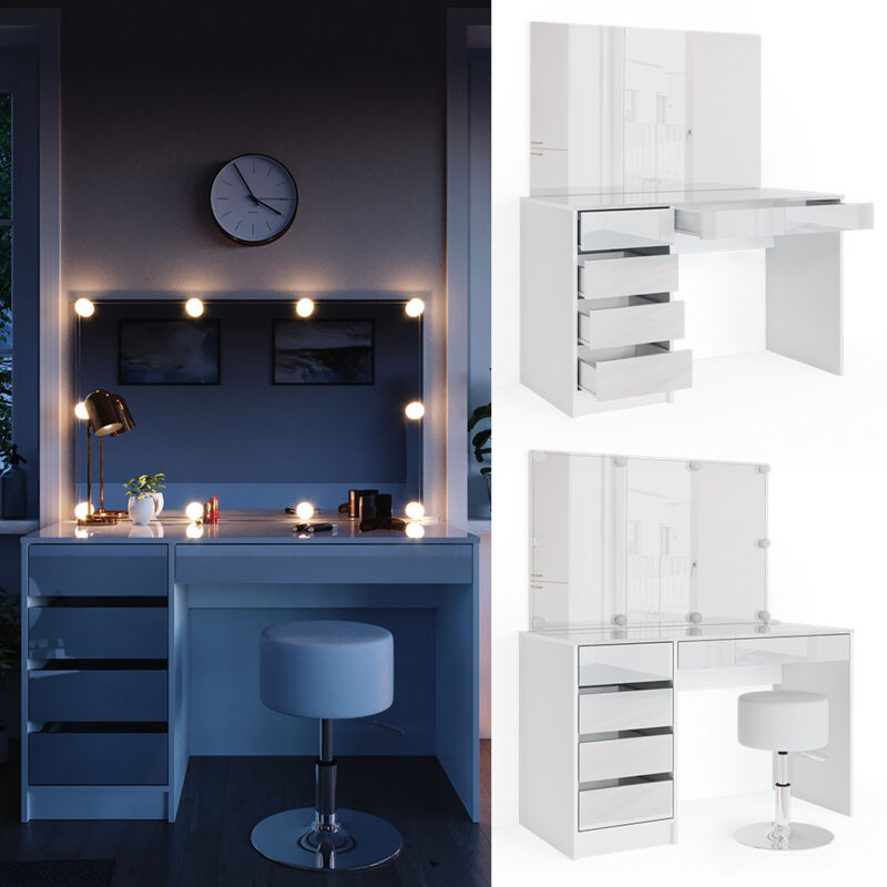 Vicco - Schminktisch Sherry, Weiß, 120 cm mit led Beleuchtung und Hocker