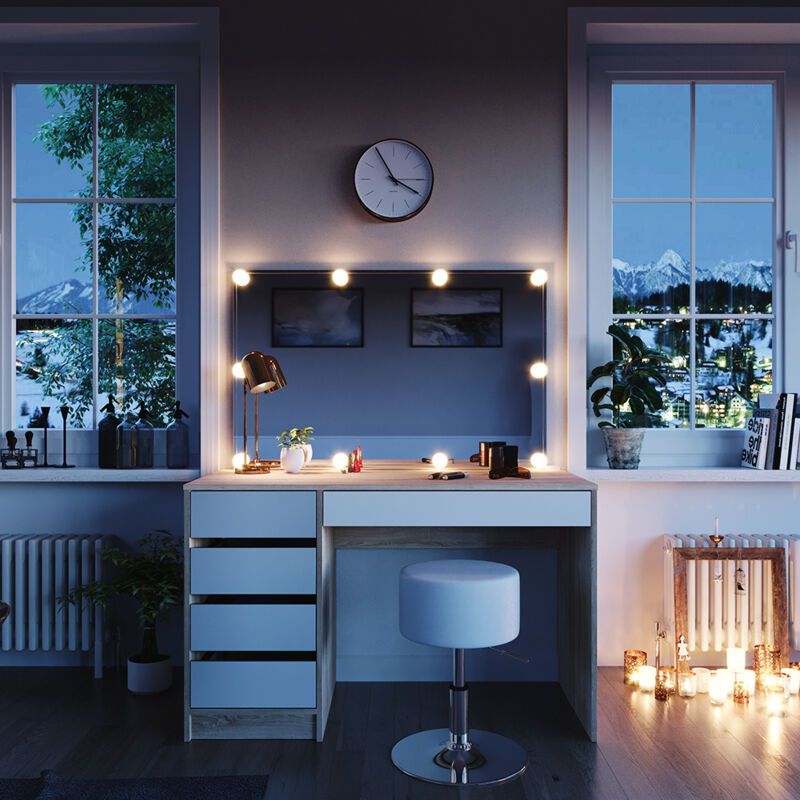 Vicco - Schminktisch Sherry, Weiß/Sonoma, 120 cm mit led Beleuchtung und Hocker