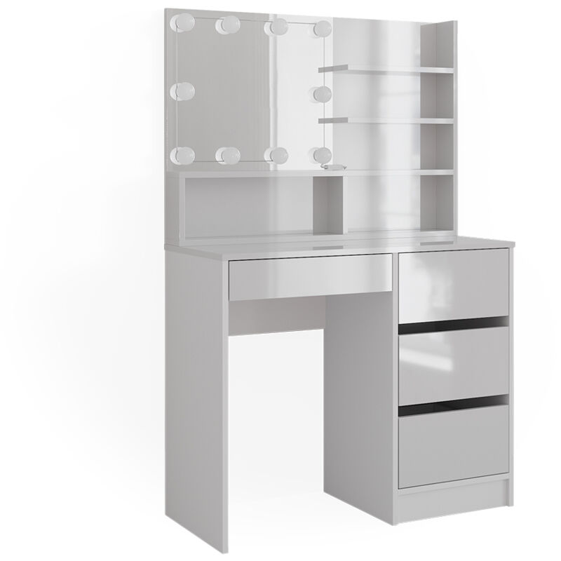 Schminktisch Sherry, Weiß, 140 cm mit led Beleuchtung, und Spiegelregal Vicco