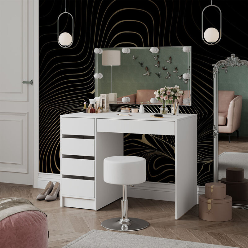 Schminktisch Thalia, Weiß, 100 cm mit led Beleuchtung und Hocker Vicco