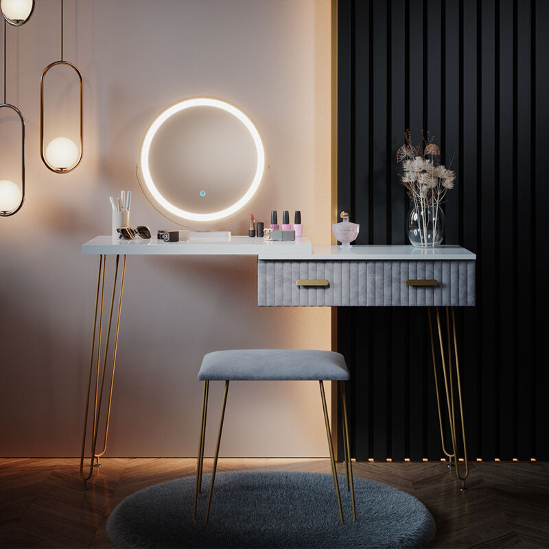 Vicco - Schminktisch Zoey, Grau, 120 cm mit led Beleuchtung und Hocker