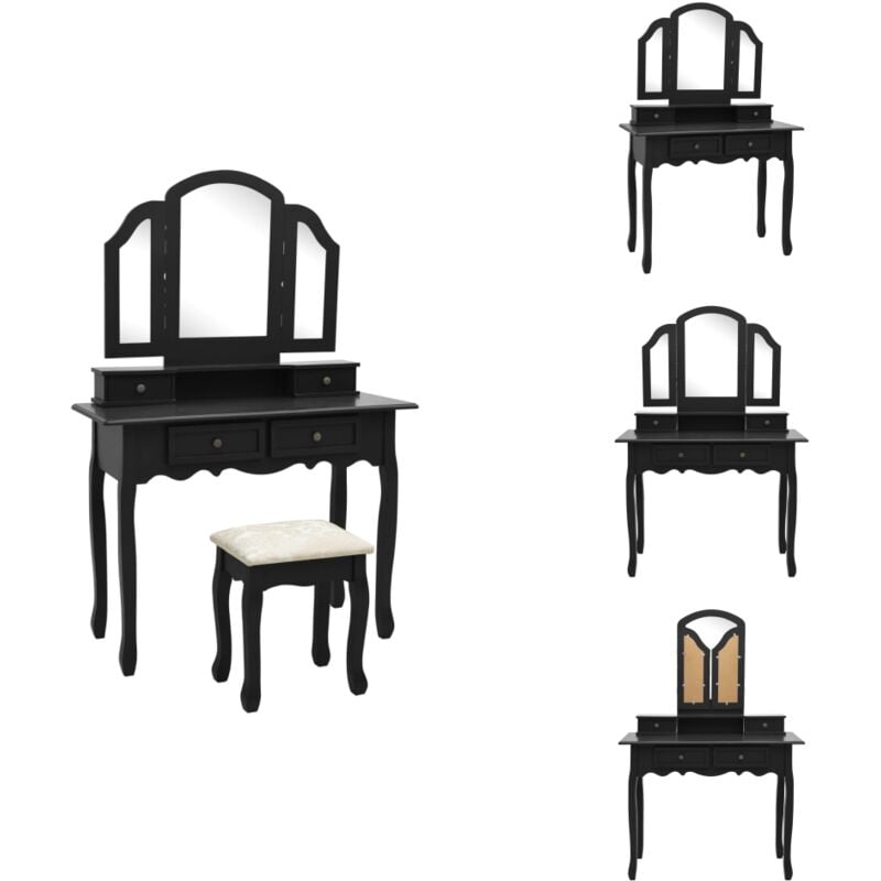 Schminktisch-Set Hocker Schwarz 100x40x146 cm Paulownia-Holz - Schminktisch - Kosmetiktisch - Make Up Tisch - Victoria Style - Schwarzer Schminktisch