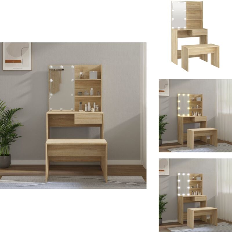 Vidaxl - Schminktisch-Set mit led Sonoma-Eiche Holzwerkstoff - Schminktisch - Kosmetiktisch - Schreibtisch - Makeup Tisch - led Beleuchtung