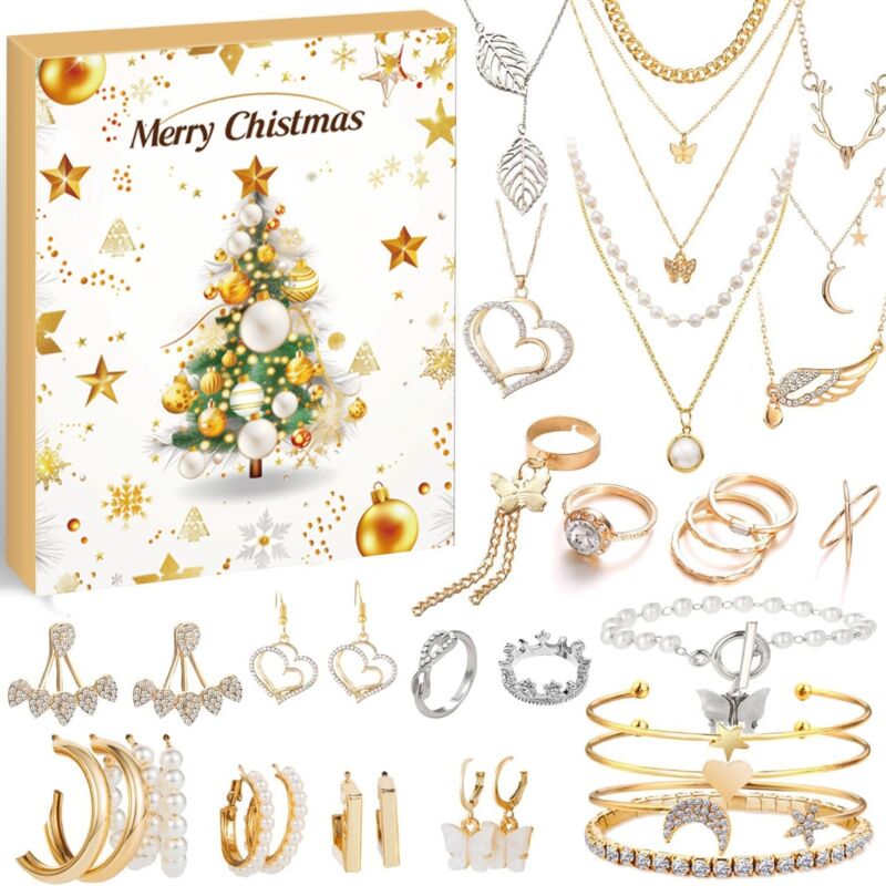 Schmuck-Adventskalender für Erwachsene und Frauen, 24-Tage-Countdown bis Weihnachtskalender mit goldener Halskette, Ringen, Ohrringen, Armband,