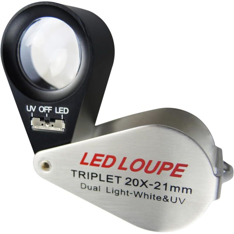 Schmucklupe mit Licht, 20-fache Vergrößerung, faltbare Lupe mit LED- und UV-Licht, Uhrmacherlupe für Diamanten, Schmuck, Münzen, Briefmarken, 21 mm