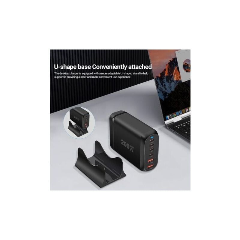 Chargeur usb c, station de charge usb c rapide 200 w à 6 ports avec 4 x usb-c + 2 x usb-a, hub mural de charge multiport portable pour iPhone 16 15