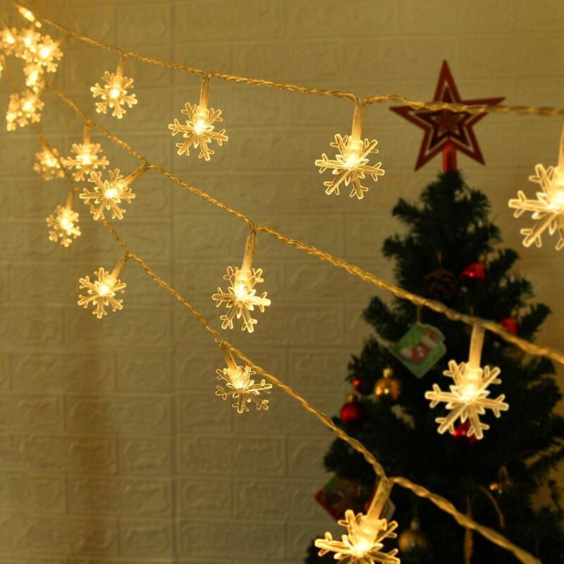 Schneeflocken-Lichterkette, 10 m, 20 LEDs, batteriebetrieben, zauberhafte Winter-Weihnachtsdekoration