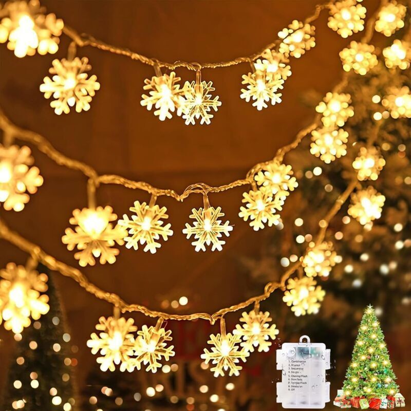 Schneeflocken-Lichterkette, 6 m, 40 LEDs, batteriebetrieben – 8 Beleuchtungsmodi mit Speicherfunktion – Weihnachtsbeleuchtung für drinnen und