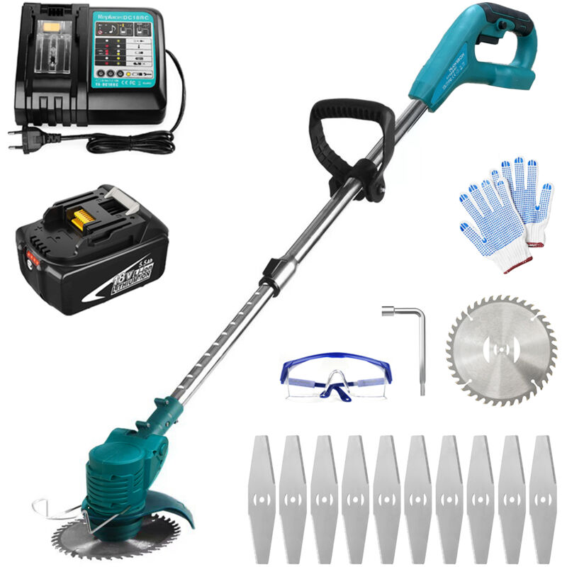 Schnurloser Rasentrimmer, 30-mm-Elektro-Rasentrimmer mit Messersätzen, mit 1 5,5-A-Akku und DC18RC-Ladegerät, kompatibel mit dem Makita-Ladegerät