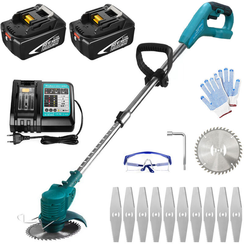 Schnurloser Rasentrimmer, 30-mm-Elektro-Rasentrimmer mit Messersätzen, mit 2 x 5,5-A-Akkus und DC18RC-Ladegerät, kompatibel mit dem Makita-Ladegerät