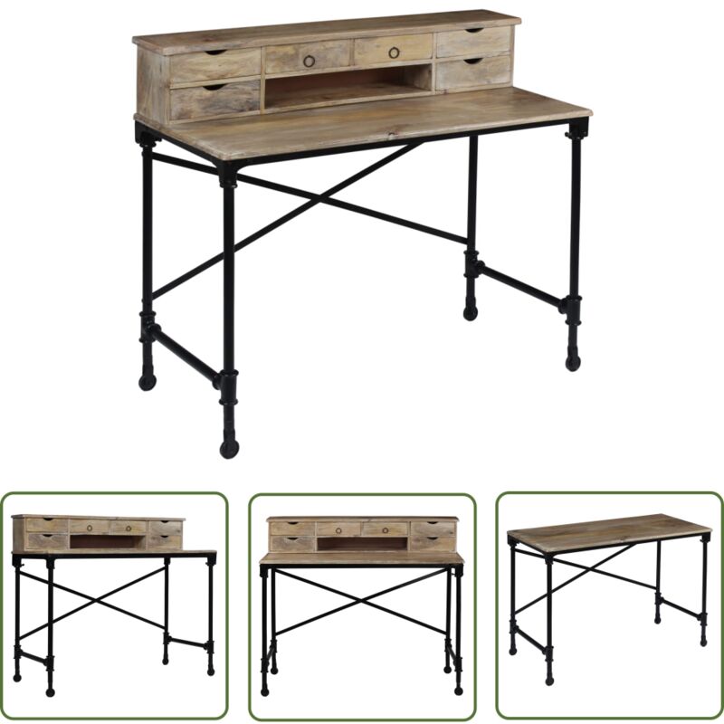 The Living Store Schreibtisch Mangoholz Massiv und Stahl 110 x 50 x 96 cm - Mangoholz Schreibtisch - Vintage Schreibtisch - Industrieller