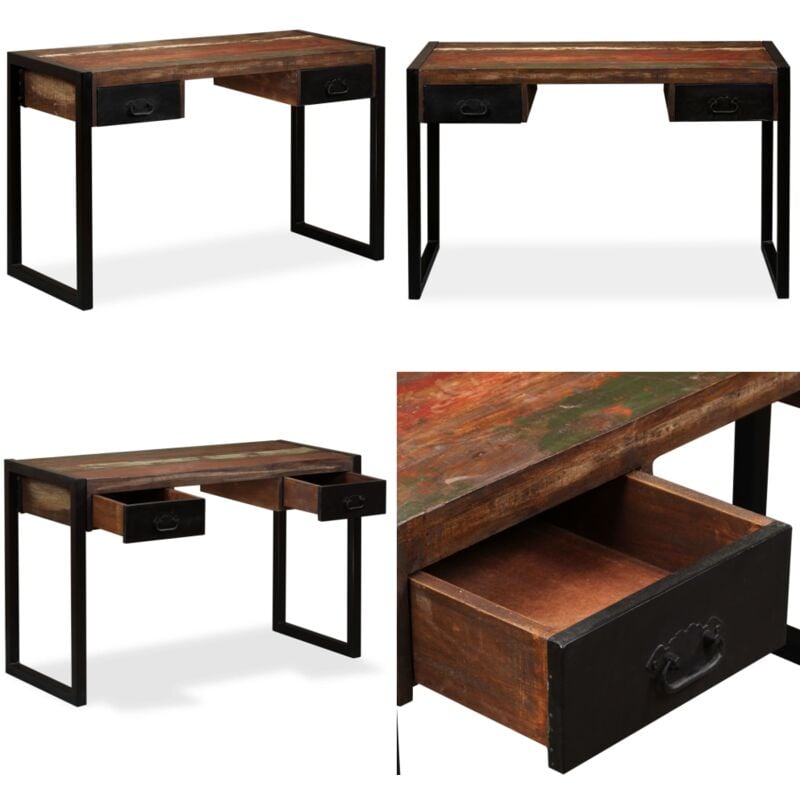 Schreibtisch mit 2 Schubladen Altholz Massiv 120x50x76 cm - Industrieller Schreibtisch - Vintage Schreibtisch - Altholz Tisch - Massiver Schreibtisch
