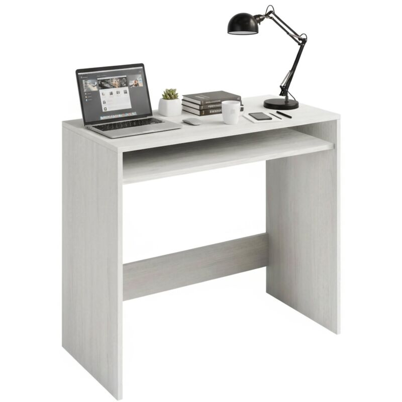 Schreibtisch Dmachi, Linearer Schreibtisch mit festem Regal, Arbeits- oder Bürotisch für pc, 79x43h87 cm, Weißer Holzeffekt - Dmora