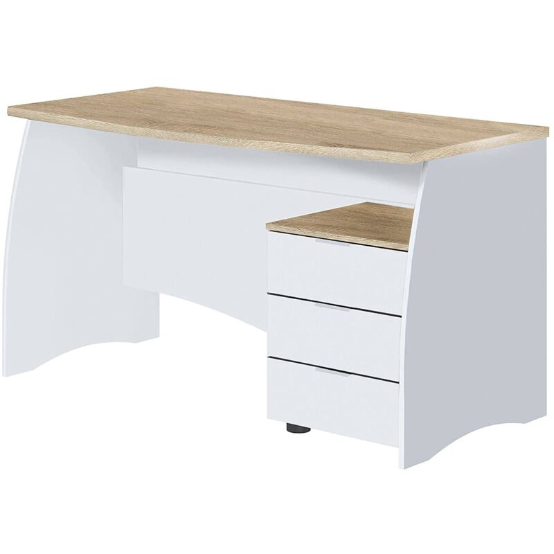 Schreibtisch Carrollton, Schreibtisch, PC-Halter Studiertisch mit 3 Schubladen, cm 136x67h74, Weiß und Eiche
