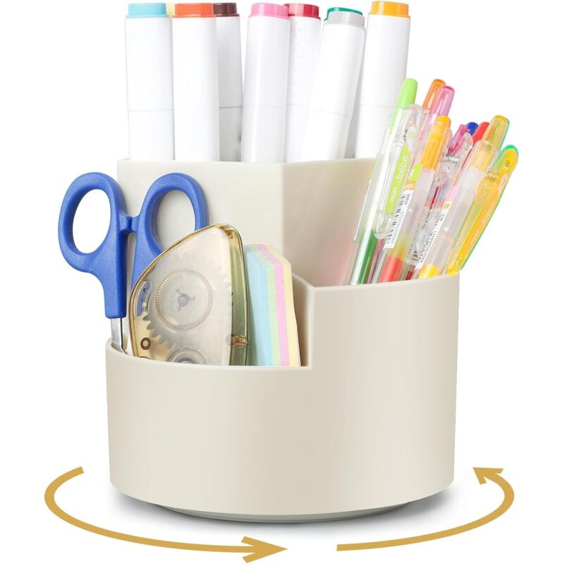 Schreibtisch-Organizer, 360° drehbarer Stiftehalter mit 3 Fächern, große Ablagefläche für Stifte, Bürobedarf, Kosmetik und Bastelmaterialien – Weiß