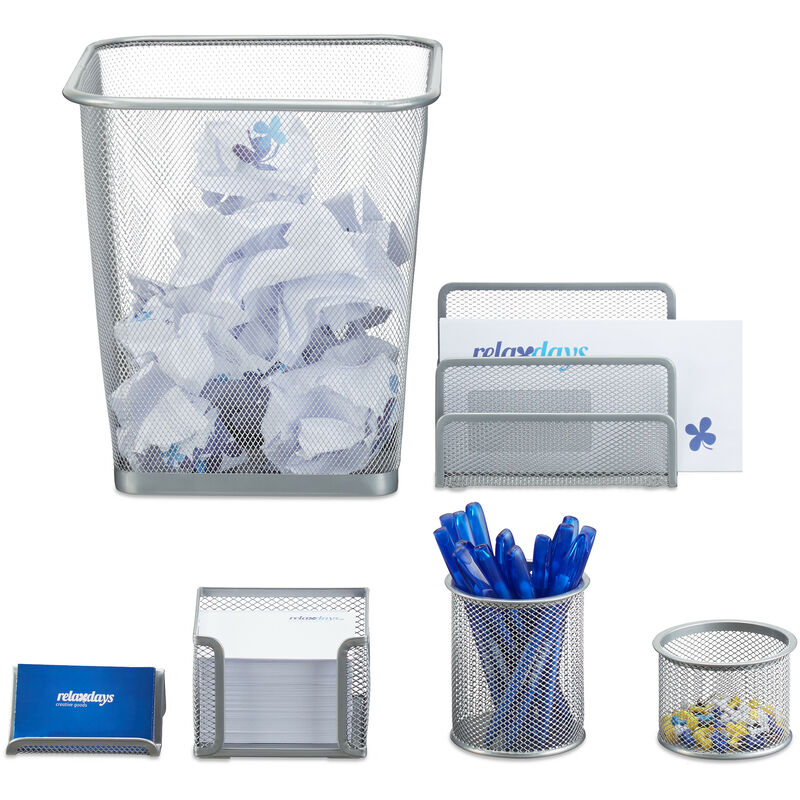 Relaxdays Schreibtisch Organizer 6er Set, Ablage Visitenkarten, Zettelbox, Briefablage, Stifteköcher, Mülleimer, silber