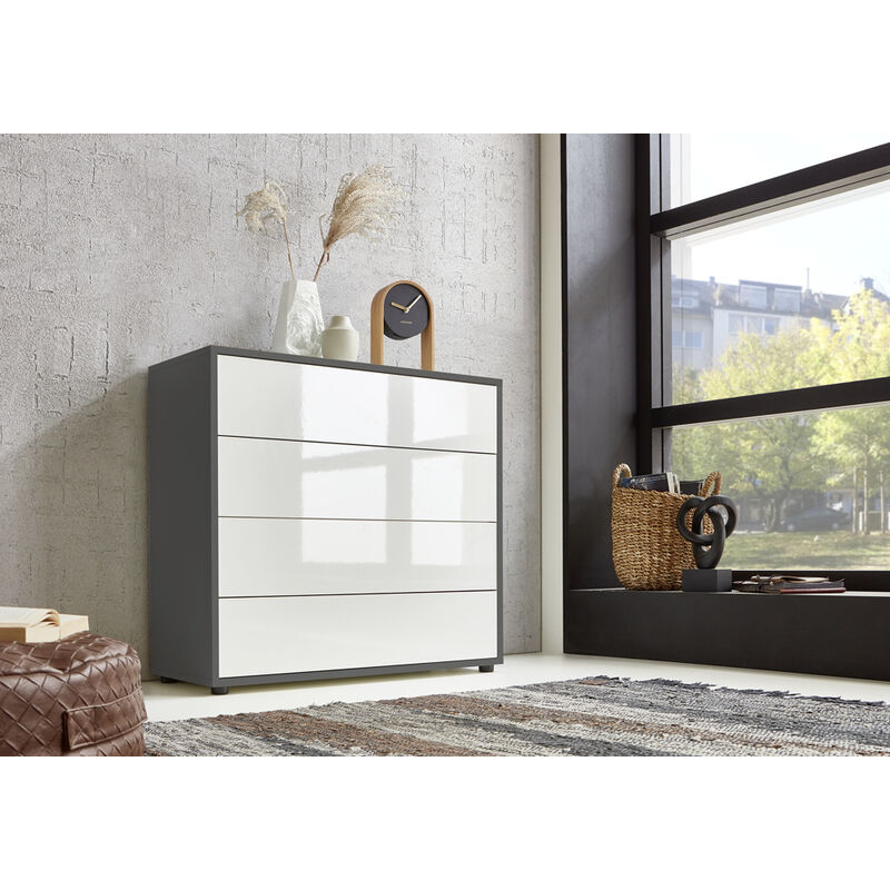 BMG Möbel Kommode Mailand 3 (Schubladenkommode Sideboard Kommode Anrichte, in anthrazit/ weiß), Push-to-open-Funktion
