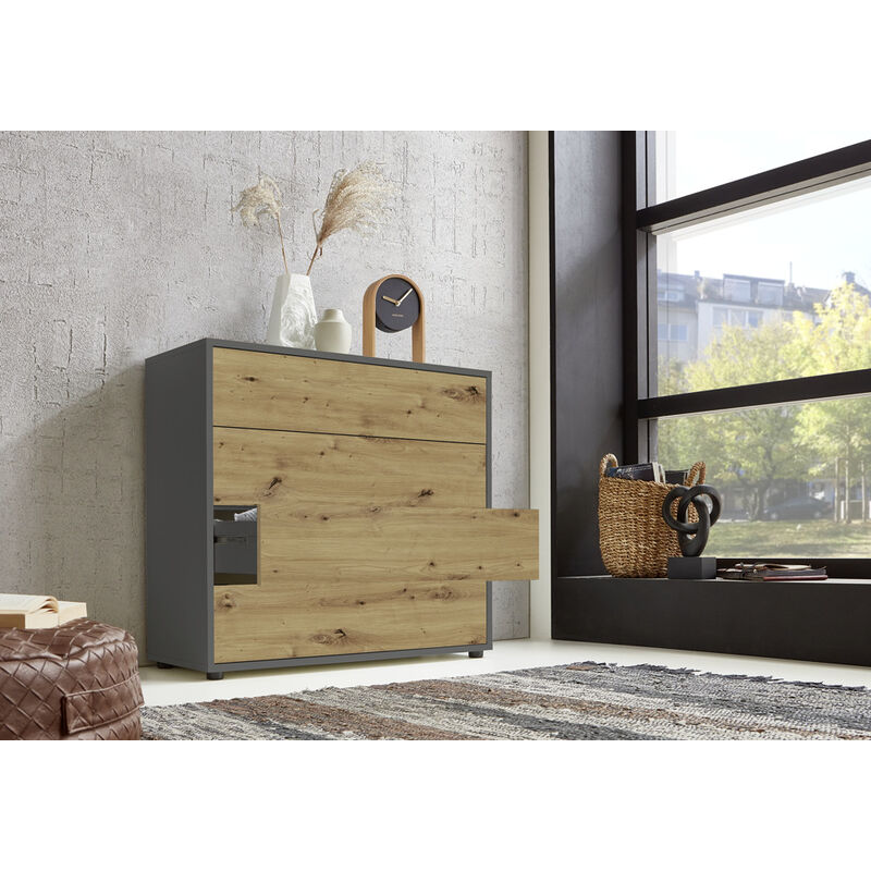 BMG Möbel Kommode Mailand 3 (Schubladenkommode Sideboard Kommode Anrichte, in anthrazit/ Artisan Eiche), Push-to-open-Funktion