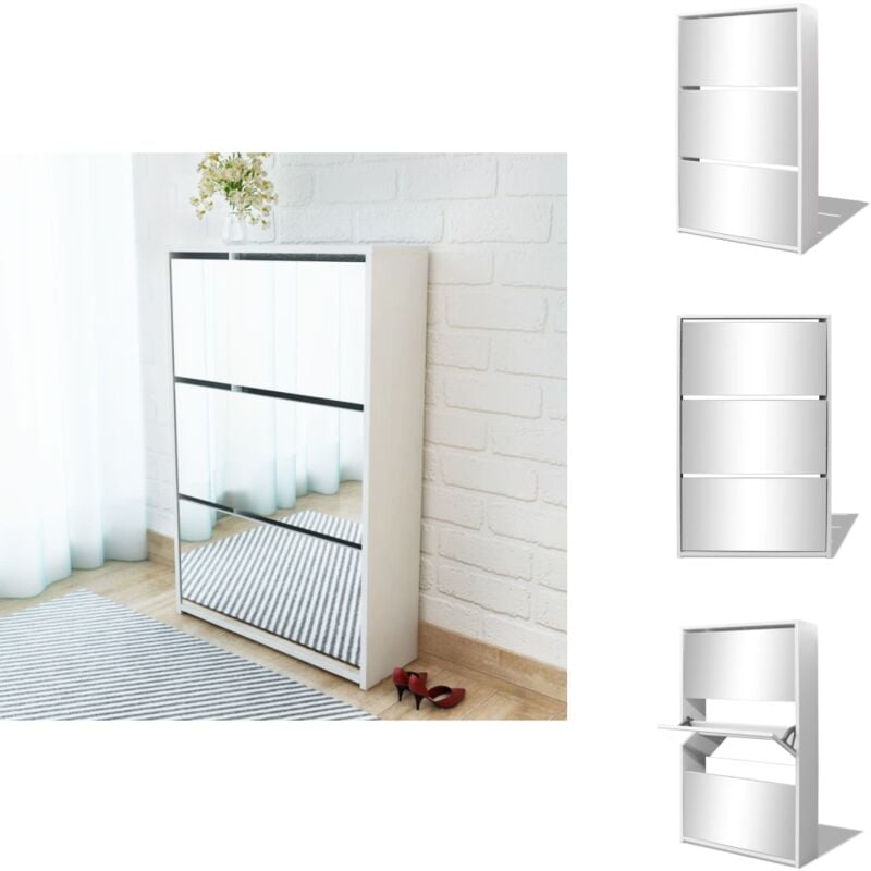 Vidaxl - Schuhschrank mit 3 Fächern Spiegel Weiß 63x17x102,5 cm - Spiegel-Schuhschrank - Schuhschrank Weiß - Flurmöbel - Schuhregal