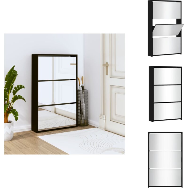 Vidaxl - Schuhschrank mit Spiegel 3 Fächer Schwarz 63x17x102,5 cm - Schuhschrank - Schrank - Garderobe - Regal - Aufbewahrung