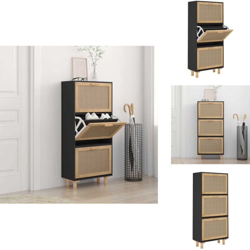 Vidaxl - Schuhschrank Schwarz 52x25x115 cm Holzwerkstoff & Rattan Natur - Schuhschrank - Schrank - Garderobe - Einbauschrank - Holzwerkstoff