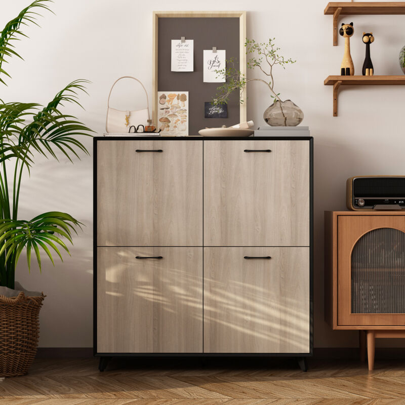 Schuhschrank 4-türiger Schuhschrank, 118 x 40 x 110 cm, Grau + Schwarz, MDF