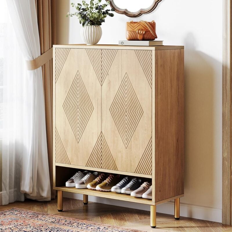 Schuhschrank mit 2 Türen, 73x 35x 115cm, Schuhschrank mit goldenem Metallrahmen, Schuhkipper schmal, 6-stöckig Schuhregal für 25 Paar Schuhe Regal